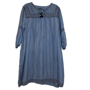 J Jlll denim boho embroidered boho peasant shift dress sz XL 3/4 sleeves #1905